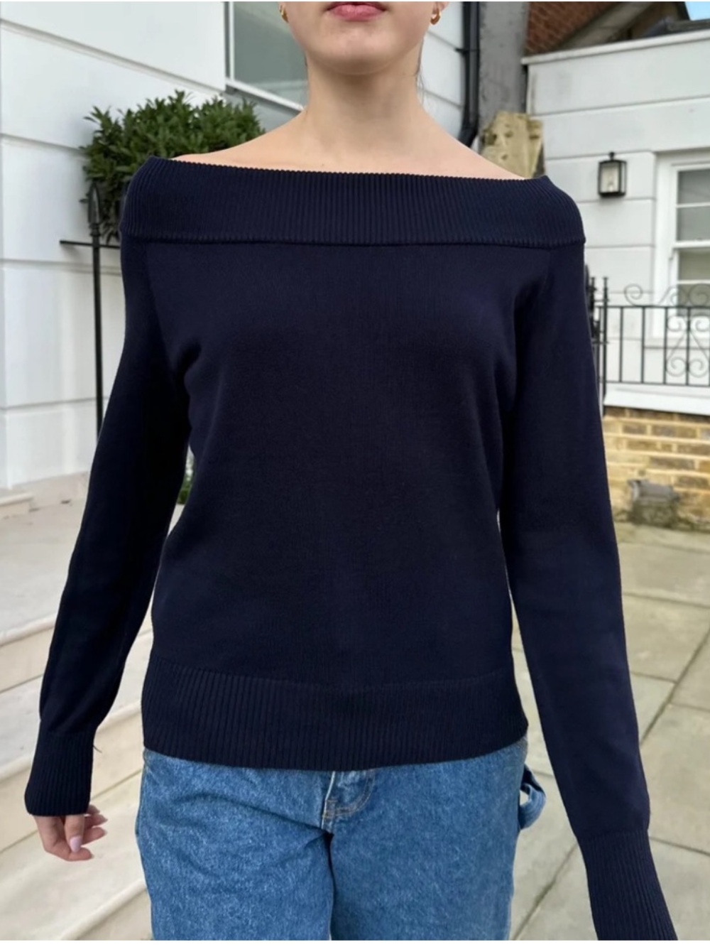 Brandy Melville Navy Off-the-Shoulder Ribbed Edge Sweater